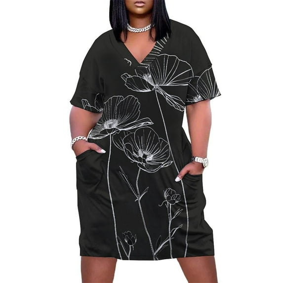 Black And White Ink Flower Summer Sundress for Curve Women Casual Pattern Plus Size V Neck Short Sleeve Loose Fit Oversize Dresses