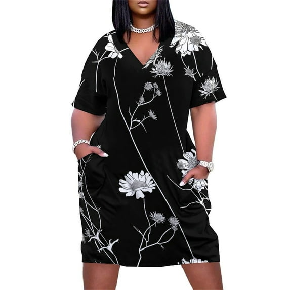 Black And White Ink Flower Women's Loose Short Sleeve Dress Casual Summer Plus Size Long Dresses with Pockets