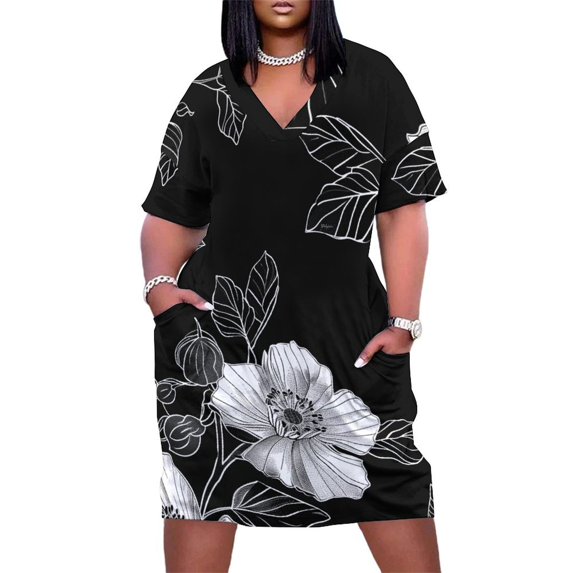 Black And White Ink Flower Women's Loose Short Sleeve Dress Casual Summer Plus Size Long Dresses with Pockets