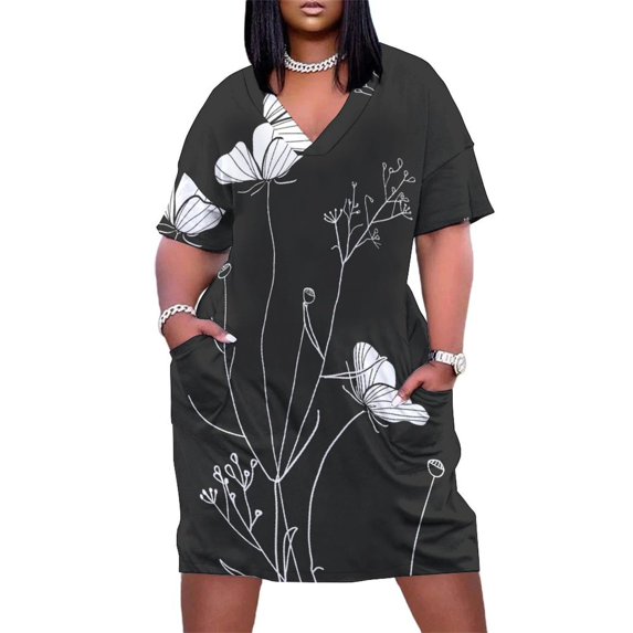 Black And White Ink Flower Women's Loose Short Sleeve Dress Casual Summer Plus Size Long Dresses with Pockets