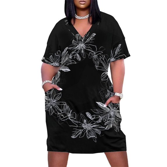 Black And White Ink Flower Women's Loose Short Sleeve Dress Casual Summer Plus Size Long Dresses with Pockets