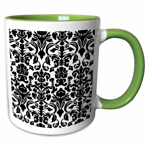 3drose, Black and White Intricate Detailed and Fancy Damask Pattern - Classic Classy Elegant and Stylish, 11oz Two-tone Green Mug