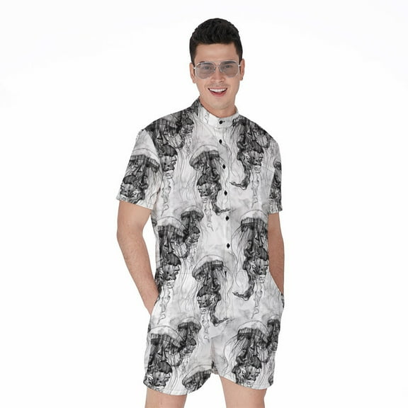 Black And White Jellyfish Pattern Short Sleeve Men'S Rompers Casual Summer Jumpsuits Outfit