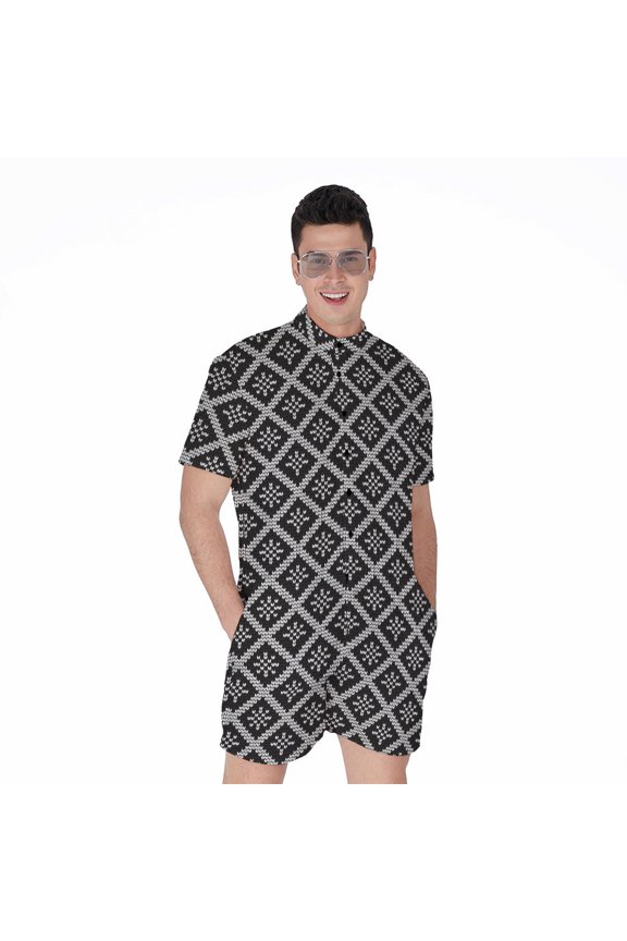 Black And White Knitted Pattern Short Sleeve Men'S Rompers Casual Summer Jumpsuits Outfit