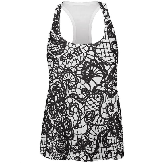 Black And White Lace All Over Womens Racerback Tank Top - Small