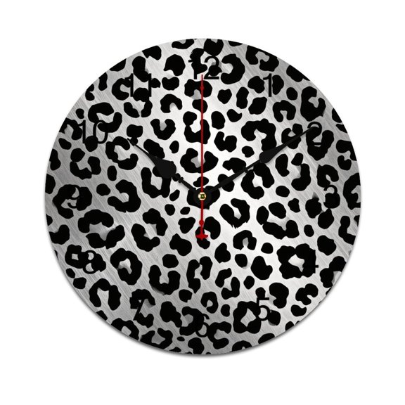 Black And White Leopard Print Printed Silent Wall Clock Round Kitchen Clock Chic Quiet Desk Clock For Living Room 10in