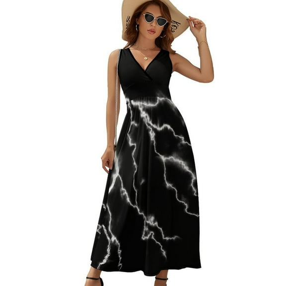 Black And White Lightning Womens Night Club Maxi Dress V Neck Sleeveless Bohemia Long Dresses