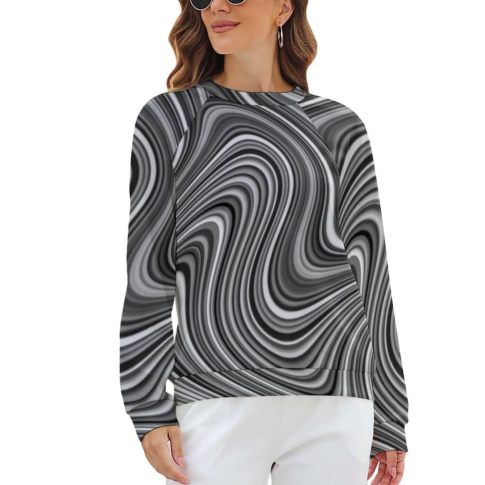 Black And White Line Hoodies Lady LongSleeve White Daisy Print Trendy