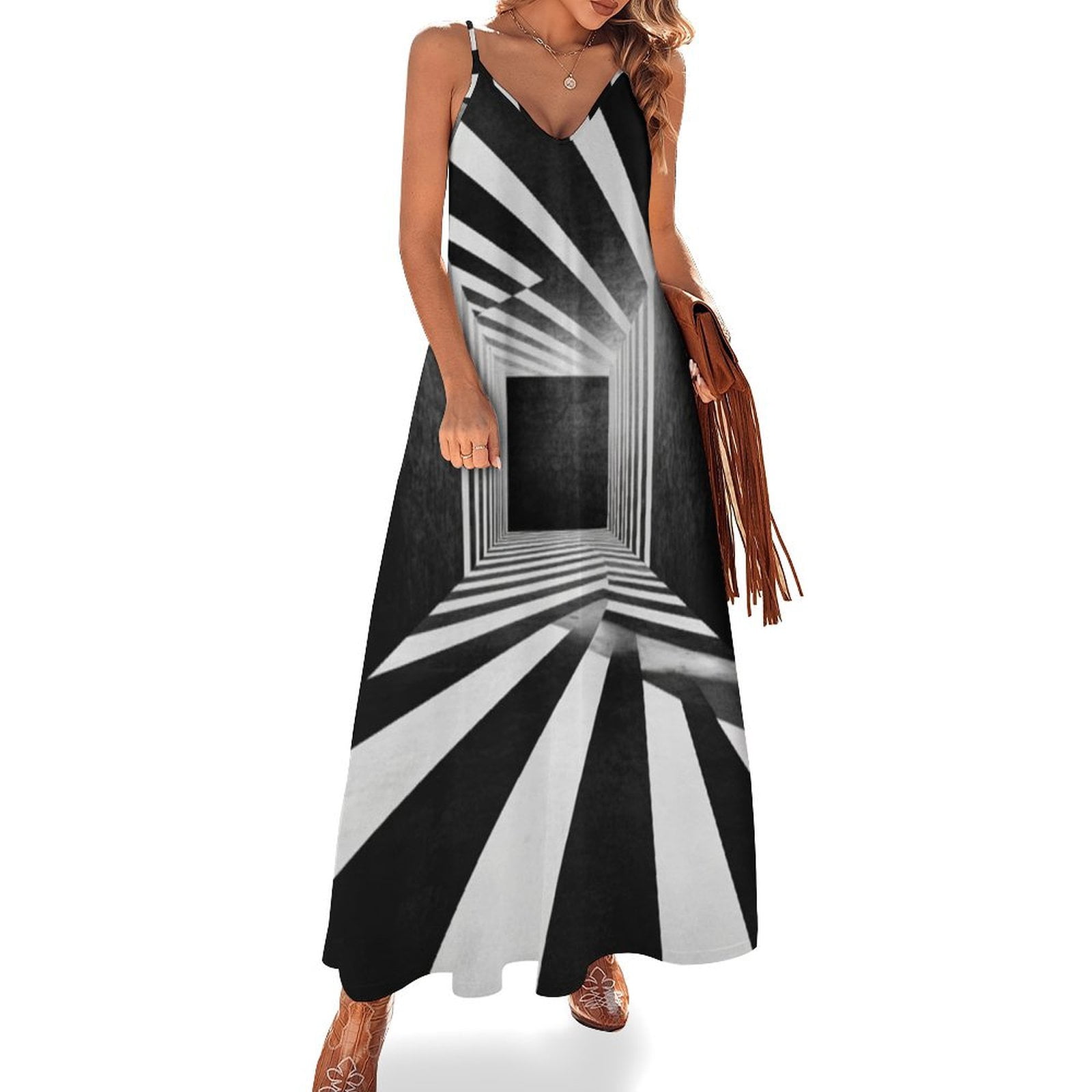 Black and white striped contrast stitching long suspender dress