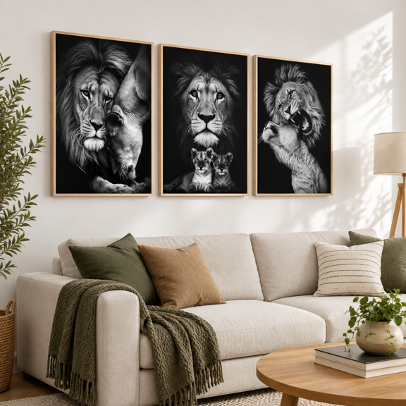 Black And White Lion Family Triptych Framed Canvas Wall Art, 16x24 Inches