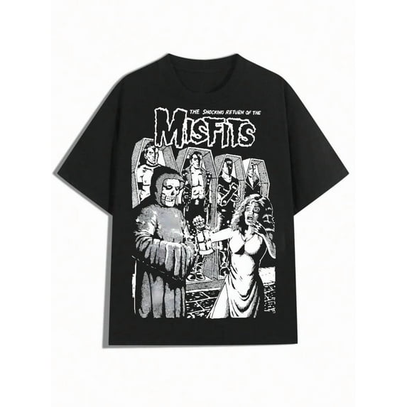 Black And White Misfits Illustration Design,Casual Print,Comfortable And Versatile,Pure Cotton 220g Printed T-Shirt,Unisex Style