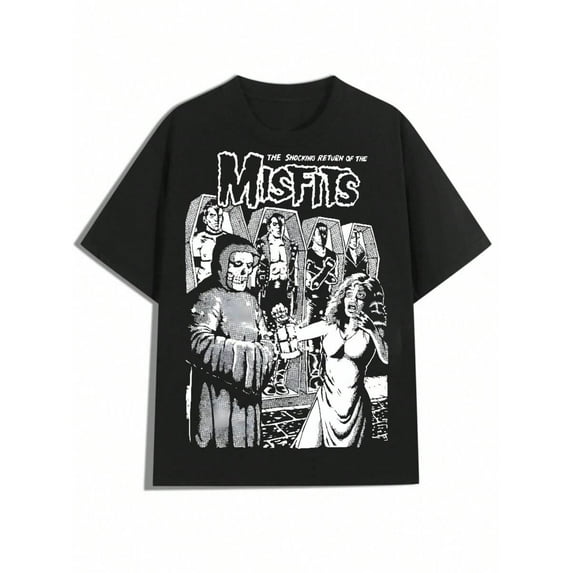 Black And White Misfits Illustration Design,Casual Print,Comfortable And Versatile,Pure Cotton 220g Printed T-Shirt,Unisex Style