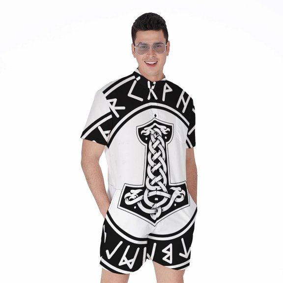Black And White Mjolnir Short Sleeve Men'S Rompers Casual Summer Jumpsuits Outfit
