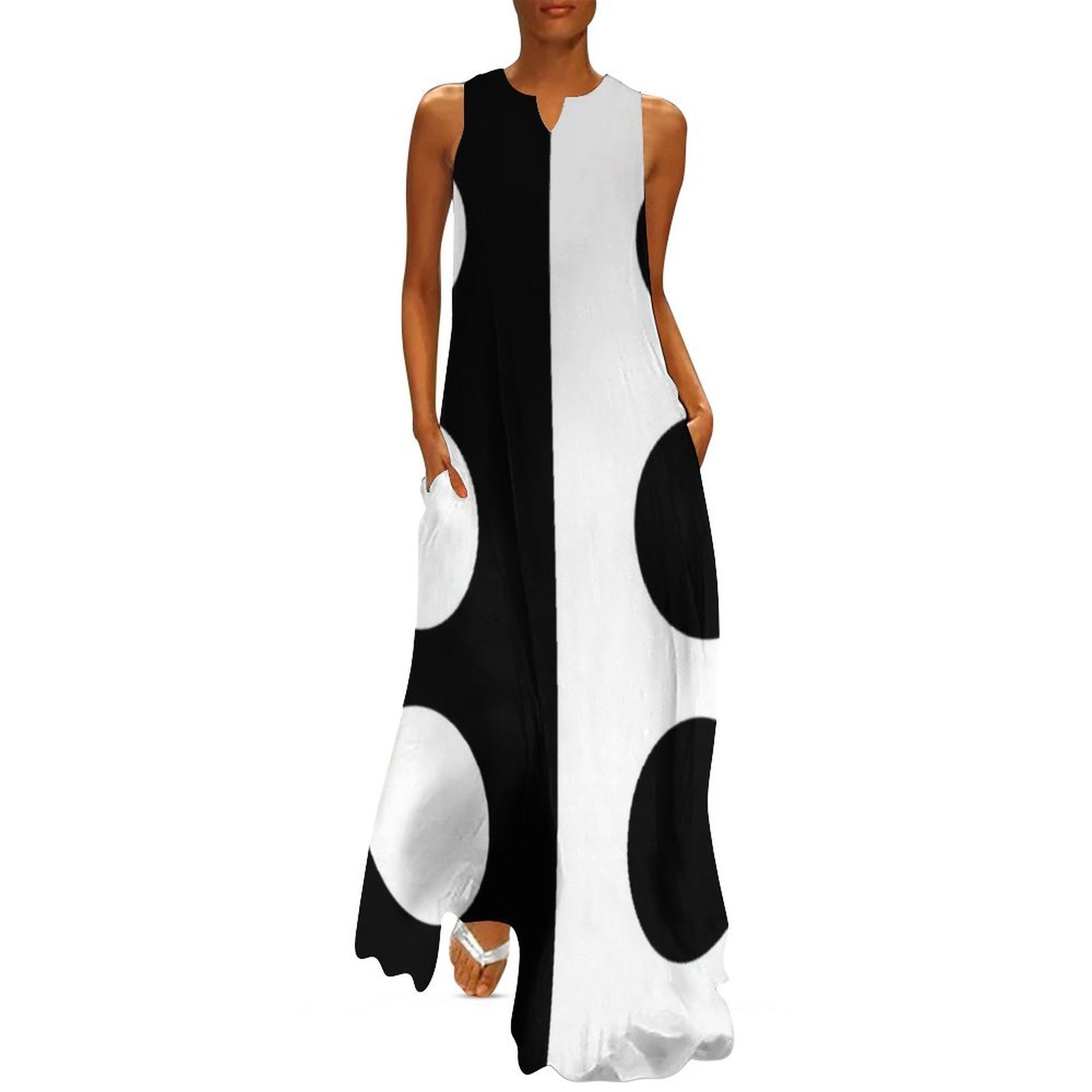 Black and white mod design off center circles long dress dress women