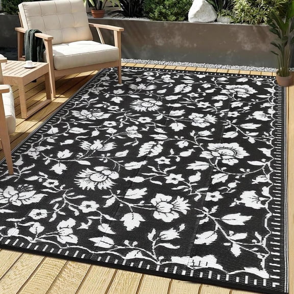 Black And White Modern Floral Outdoor Area Rug For Patio Deck Balcony Pool Reversible Waterproof Plastic Mat