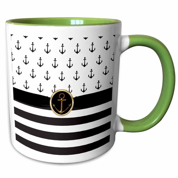 3drose, Black and White Nautical Anchors and Stripes with a Band, 11oz Two-tone Green Mug