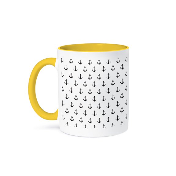 3drose, Black and White Nautical Sailing Anchors Pattern, 11oz Two-tone Yellow Mug