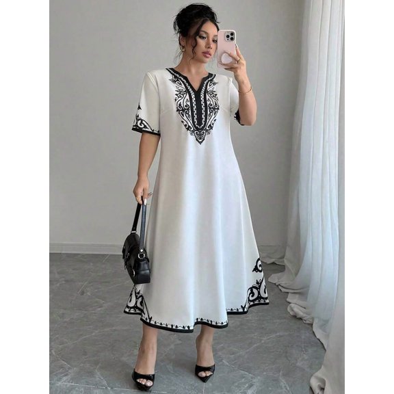 Black And White Notch Neck Short Sleeve Loose Shift Dress For Women