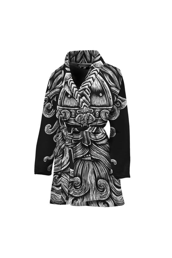 Black And White Odin With Wolfs Women Bathrobe One Size Univeral Fits, Odin God Fashion Lightweight Plush Fleece Long Robe For Women