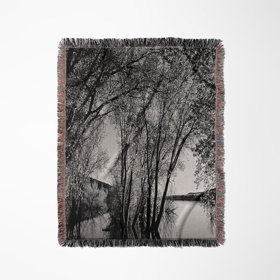 Black And White Of Trees And Bushes Reflecting On Water At Baker Dam Reservoir In Southern Utah, Woven Blanket