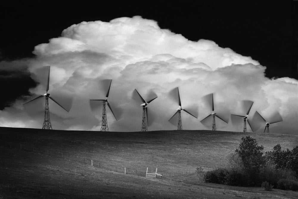 Black And White Of Wind Generators With Cloud In Background Canvas Art - Don Hammond Design Pics (17 x 11)
