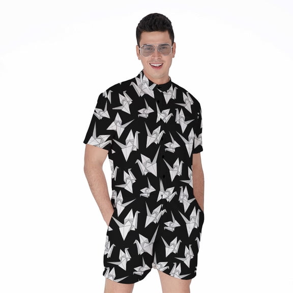 Black And White Origami Pattern Short Sleeve Men'S Rompers Casual Summer Jumpsuits Outfit