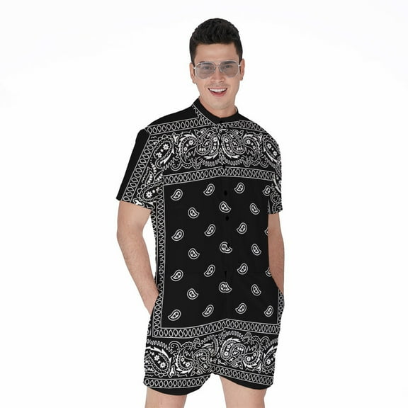 Black And White Paisley Bandana Short Sleeve Men'S Rompers, Bandana Pattern Casual Summer Jumpsuits Outfit