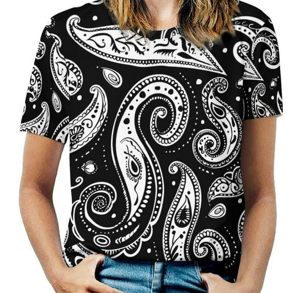 Black And White Paisley Pattern Seamless Design Women's Short Sleeve Tops Casual Blouses T Shirt