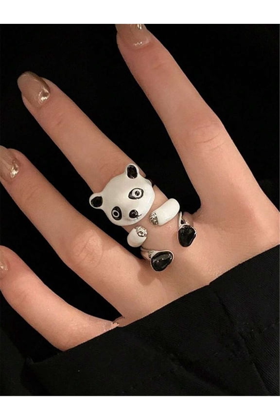 Black And White Panda Shaped Adjustable Open Ring Set For Women
