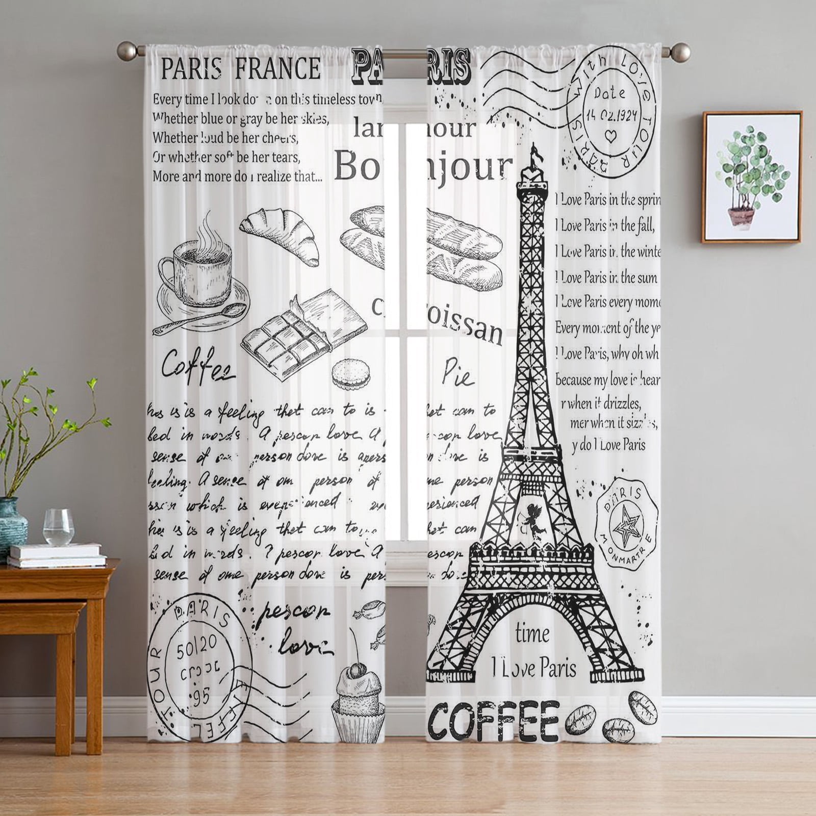 Black And White Paris Drawing Tulle Curtains for Living Room Drapes