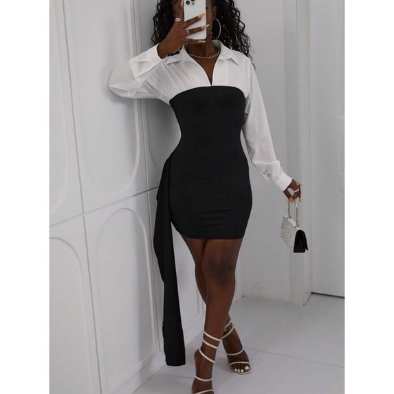 Black And White Patchwork Shirt Dress For Women Long Sleeve Bodycon Ruched Mini Dress Club Wear