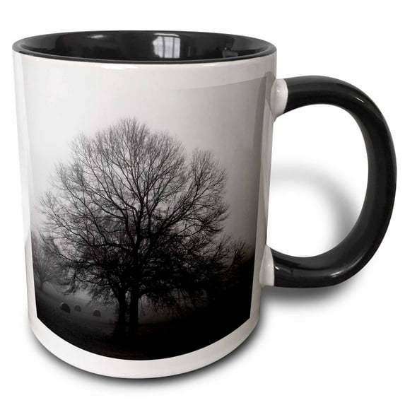 3drose, Black and White Photograph of an Old Oak Tree in a Field of Fog., 15oz Two-tone Black Mug