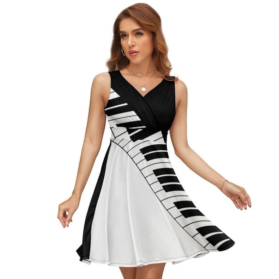 Black And White Piano Keyboard Sleeveless Dress Women Summer Evening Dresses Ladies Sundress