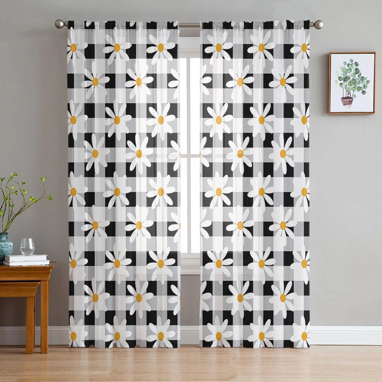 Black And White Plaid Daisy Tulle Curtains Living Room Kitchen Chiffon