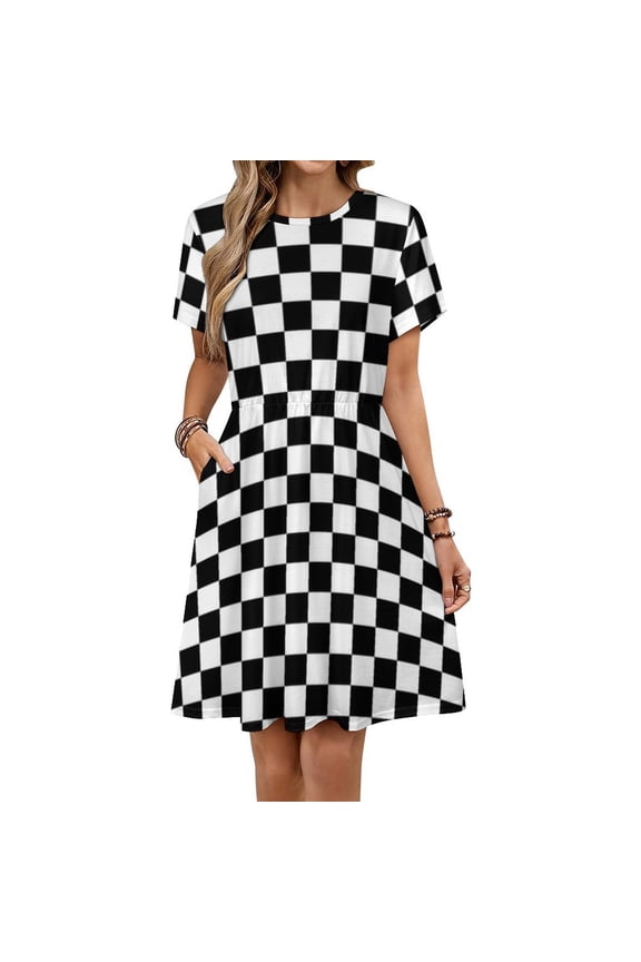 Black And White Plaid Dress Fashion Beach Short Sleeve Dresses Female Party Printed Sundress