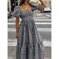 thumbnail image 1 of Black And White Plaid Square Neck Puff Sleeve Tiered Midi Dress For Women, 1 of 6