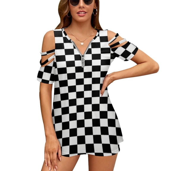 Black And White Plaid Womens Summer V Neck Zipper Top Short Sleeve T Shirt Off Shoulder Top Casual Classy Loose Shirts