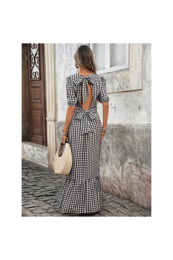 Black And White Plaid Woven Maxi Dress With Puff Sleeves, Open Back Bow Detail And Ruffle Hem