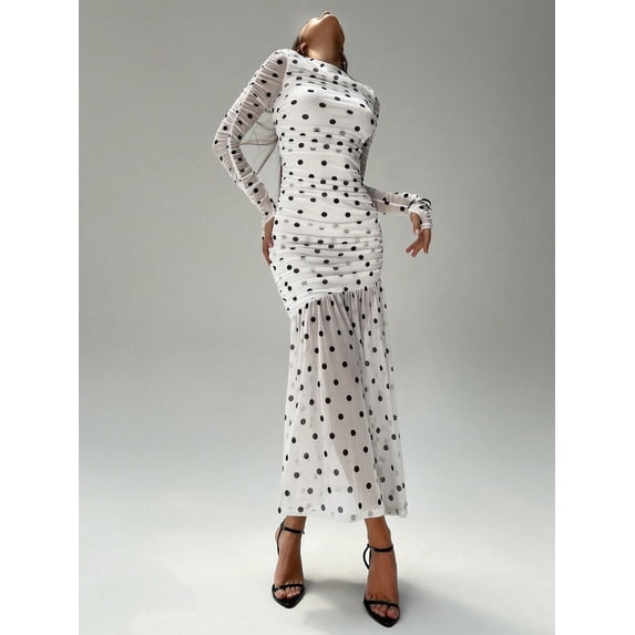 Black And White Polka Dot Ruched Mesh Long Sleeve Maxi Dress With Pleated Waist