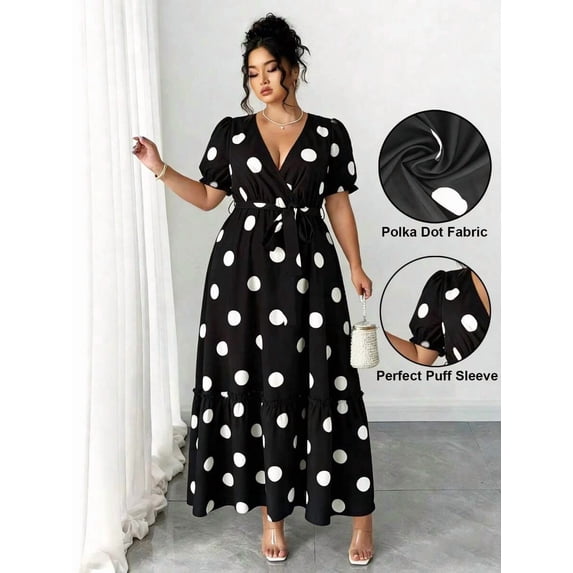 Black And White Polka Dot V-Neck Puff Sleeve Wrap Maxi Dress With Tie Waist