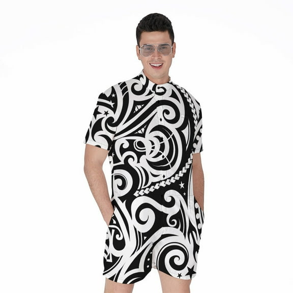 Black And White Polynesian Tattoo Short Sleeve Men'S Rompers Casual Summer Jumpsuits Outfit