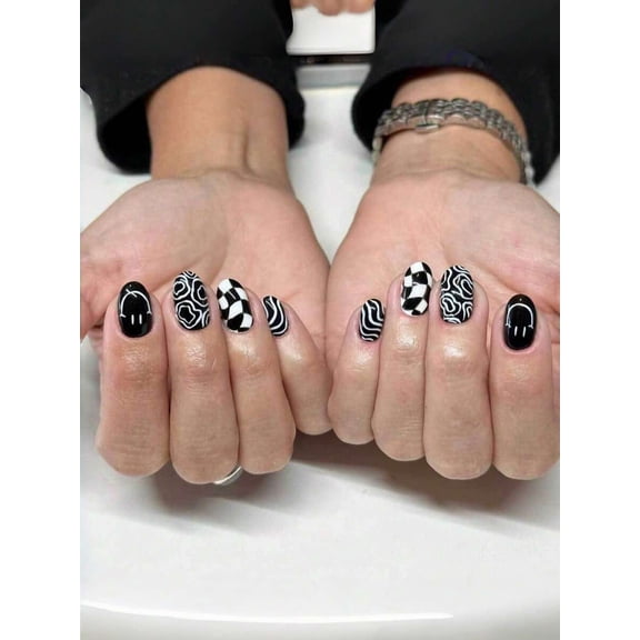 Black And White Press-On Nails Short Oval Y2K Abstract Pattern Reusable