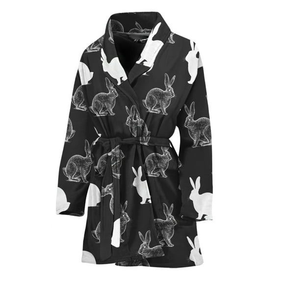 Black And White Rabbit Pattern Women Bathrobe One Size Univeral Fits, Rabbit Fashion Lightweight Plush Fleece Long Robe For Women