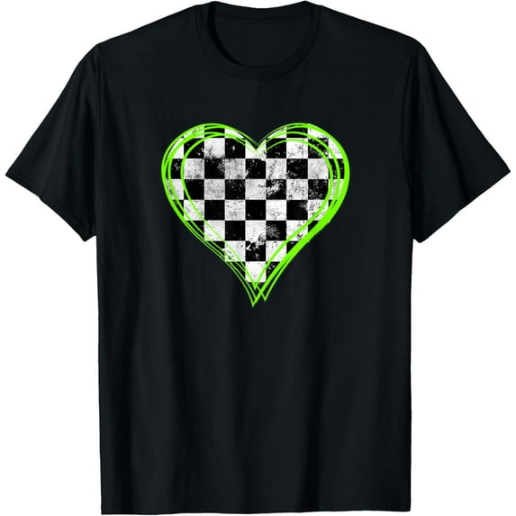 Black And White Racing Distressed Checkered Race Flag Heart T-Shirt