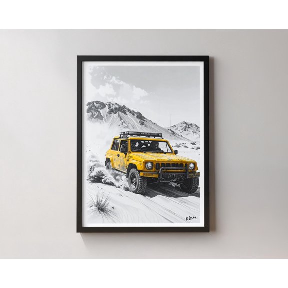 Black And White Rally Car Poster Yellow Car In Desert , Poster Print Only