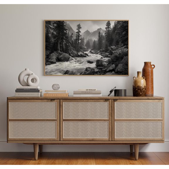 Black And White River Poster Wall Art Majestic Mountain Stream With Pine Forest , Poster Print Only