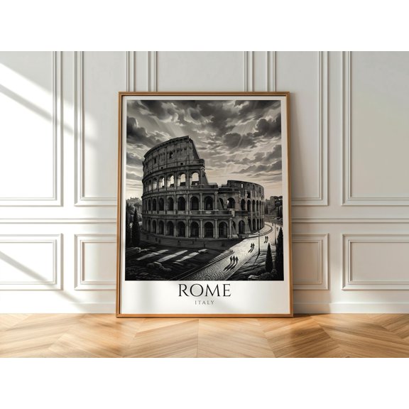 Black And White Rome Colosseum Wall Art Italy Architecture Print Monochrome Rome Decor, Unframed Paper Print