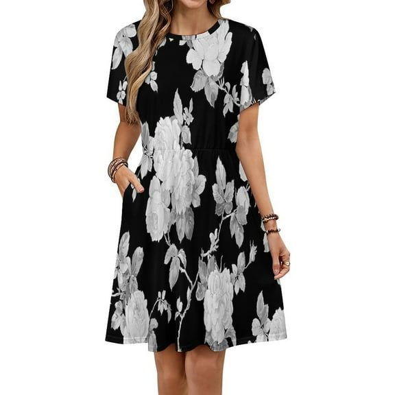 Black And White Roses Dress Fashion Beach Short Sleeve Dresses Female Party Printed Sundress