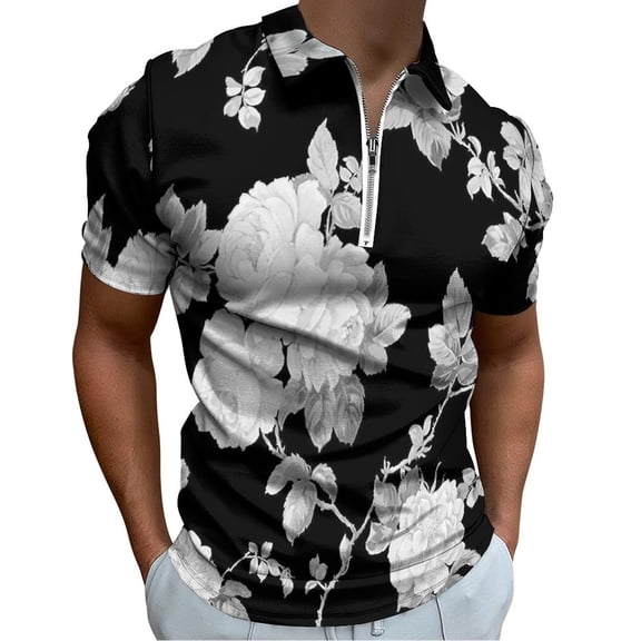 Black And White Roses Men Zipper T-shirt Summer Casual Short Sleeve T-shirt Top