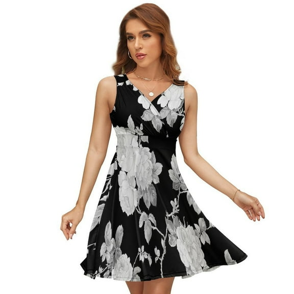 Black And White Roses Women's Tank Dress V Neck Sleeveless Summer Sundress